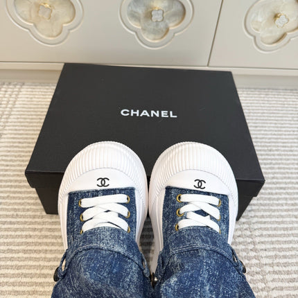 CHANEL 26S HIGH TOP PLATFORM SNEAKER BOOTS IN BLUE DENIM