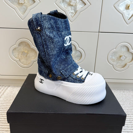 CHANEL 26S HIGH TOP PLATFORM SNEAKER BOOTS IN BLUE DENIM