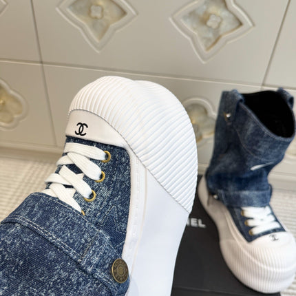 CHANEL 26S HIGH TOP PLATFORM SNEAKER BOOTS IN BLUE DENIM