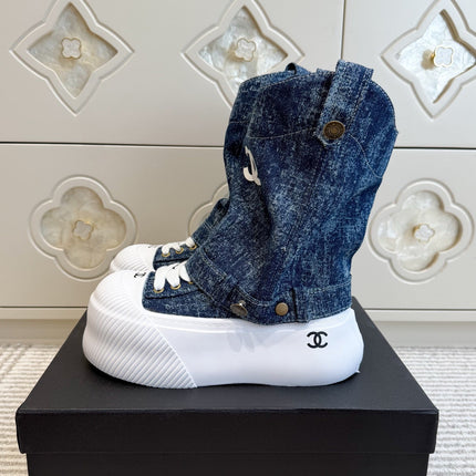 CHANEL 26S HIGH TOP PLATFORM SNEAKER BOOTS IN BLUE DENIM
