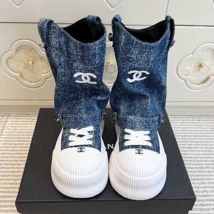 CHANEL 26S HIGH TOP PLATFORM SNEAKER BOOTS IN BLUE DENIM