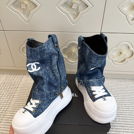 CHANEL 26S HIGH TOP PLATFORM SNEAKER BOOTS IN BLUE DENIM
