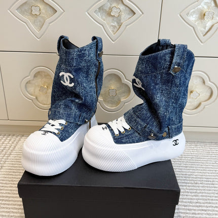 CHANEL 26S HIGH TOP PLATFORM SNEAKER BOOTS IN BLUE DENIM