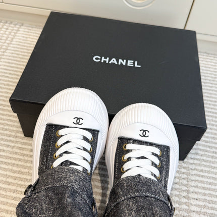 CHANEL 26S HIGH TOP PLATFORM SNEAKER BOOTS IN GREY DENIM