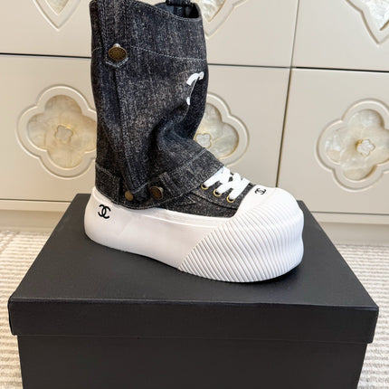 CHANEL 26S HIGH TOP PLATFORM SNEAKER BOOTS IN GREY DENIM