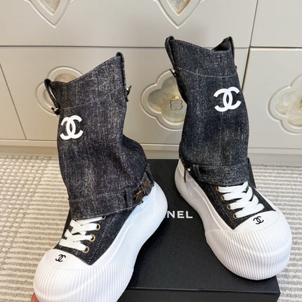 CHANEL 26S HIGH TOP PLATFORM SNEAKER BOOTS IN GREY DENIM