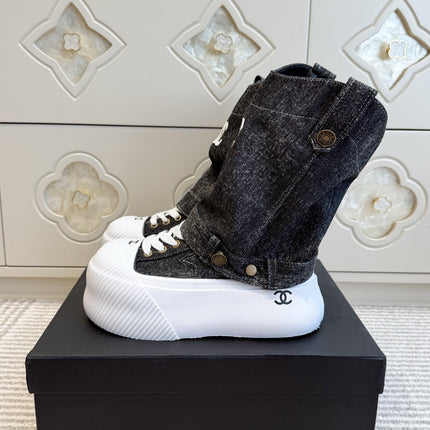 CHANEL 26S HIGH TOP PLATFORM SNEAKER BOOTS IN GREY DENIM