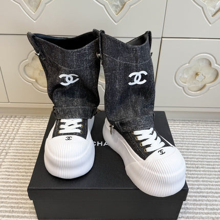 CHANEL 26S HIGH TOP PLATFORM SNEAKER BOOTS IN GREY DENIM
