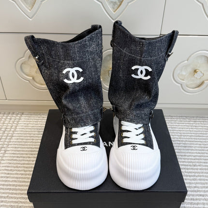CHANEL 26S HIGH TOP PLATFORM SNEAKER BOOTS IN GREY DENIM