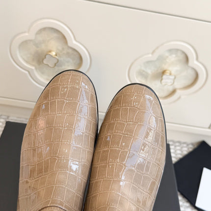 CHANEL 26S SHORT BOOTS IN BEIGE PATENT CROCODILE EMBOSSED