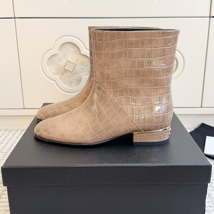CHANEL 26S SHORT BOOTS IN BEIGE PATENT CROCODILE EMBOSSED