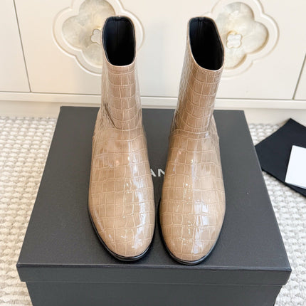 CHANEL 26S SHORT BOOTS IN BEIGE PATENT CROCODILE EMBOSSED