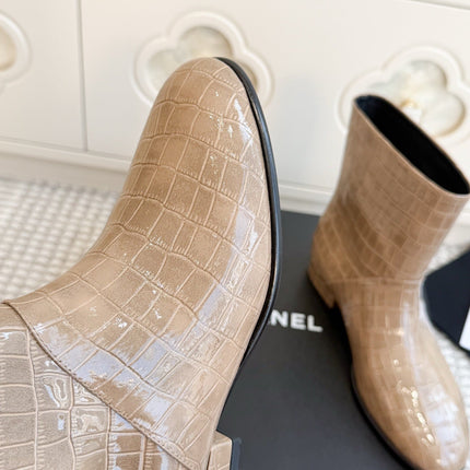 CHANEL 26S SHORT BOOTS IN BEIGE PATENT CROCODILE EMBOSSED