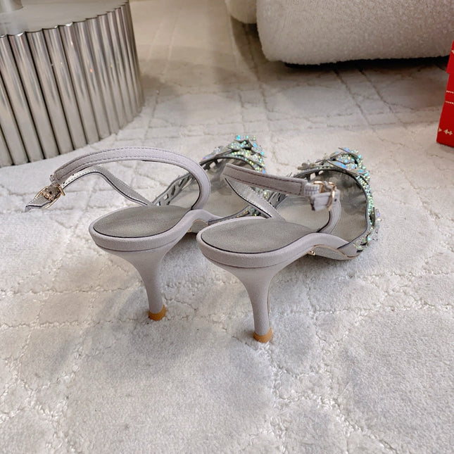 RENE CAOVILLA 26S HEELED SLINGBACKS 65 MM IN GREY CRYSTAL FLOWERS