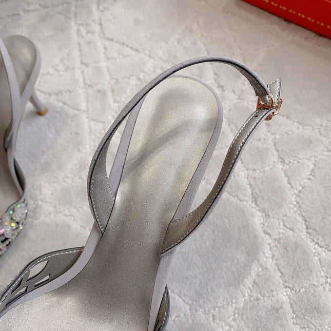 RENE CAOVILLA 26S HEELED SLINGBACKS 65 MM IN GREY CRYSTAL FLOWERS