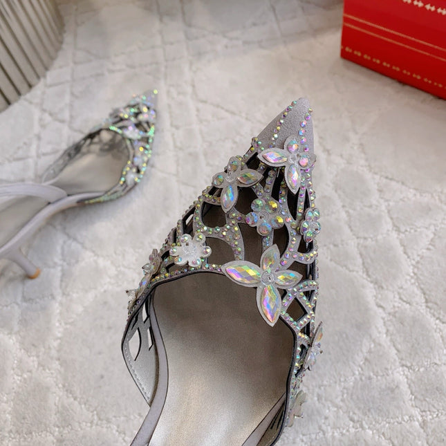RENE CAOVILLA 26S HEELED SLINGBACKS 65 MM IN GREY CRYSTAL FLOWERS