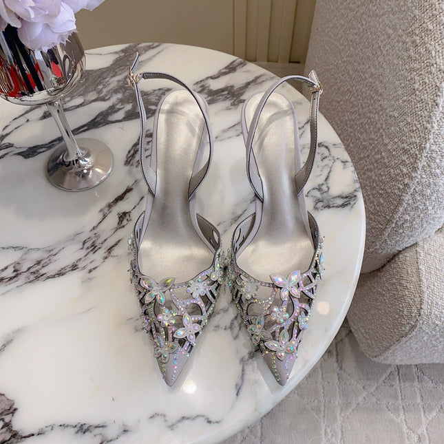 RENE CAOVILLA 26S HEELED SLINGBACKS 65 MM IN GREY CRYSTAL FLOWERS