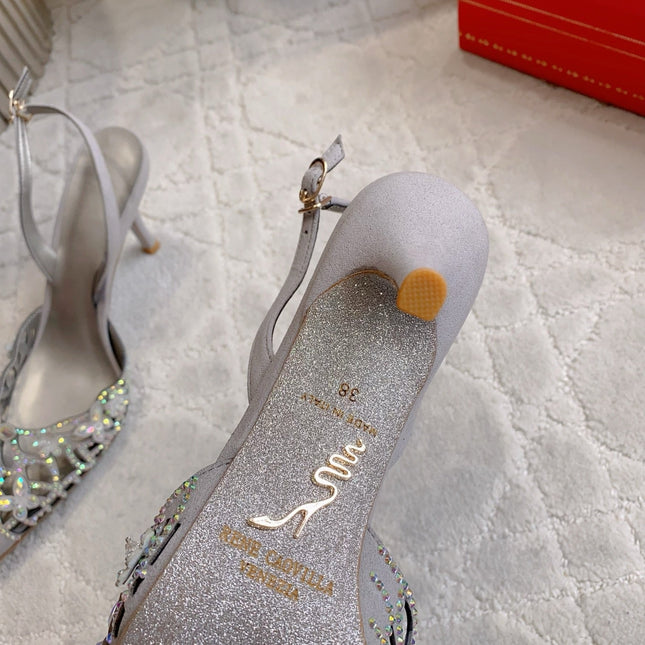 RENE CAOVILLA 26S HEELED SLINGBACKS 65 MM IN GREY CRYSTAL FLOWERS