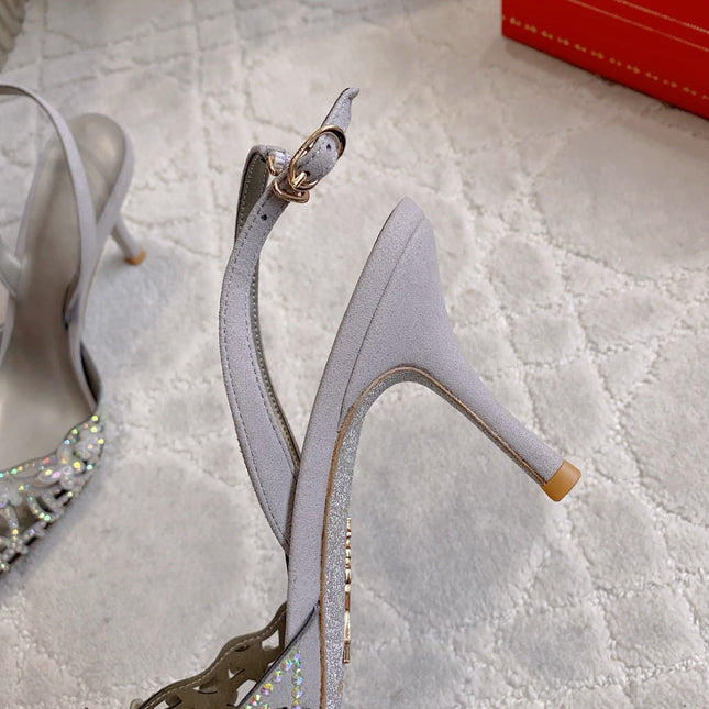 RENE CAOVILLA 26S HEELED SLINGBACKS 65 MM IN GREY CRYSTAL FLOWERS