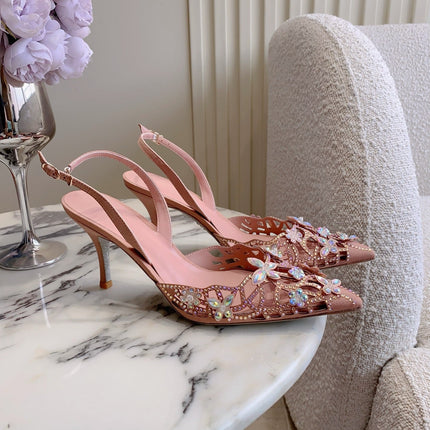 RENE CAOVILLA 26S HEELED SLINGBACKS 65 MM IN NUDE PINK CRYSTAL FLOWERS