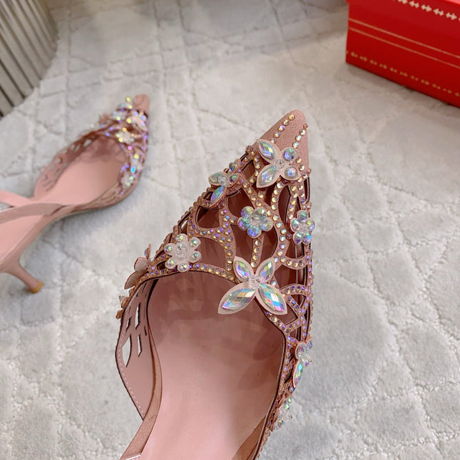 RENE CAOVILLA 26S HEELED SLINGBACKS 65 MM IN NUDE PINK CRYSTAL FLOWERS