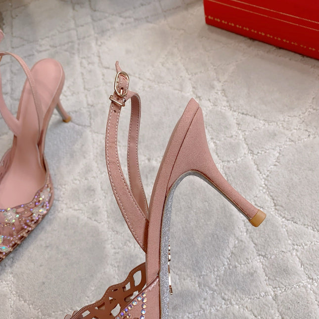 RENE CAOVILLA 26S HEELED SLINGBACKS 65 MM IN NUDE PINK CRYSTAL FLOWERS