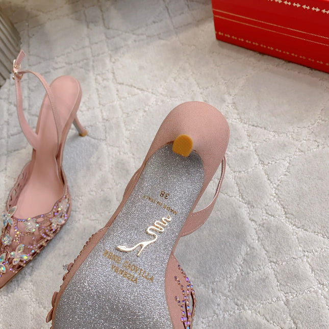 RENE CAOVILLA 26S HEELED SLINGBACKS 65 MM IN NUDE PINK CRYSTAL FLOWERS