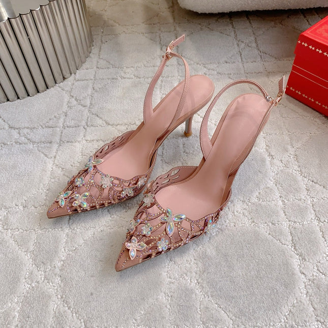 RENE CAOVILLA 26S HEELED SLINGBACKS 65 MM IN NUDE PINK CRYSTAL FLOWERS