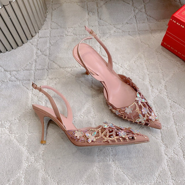 RENE CAOVILLA 26S HEELED SLINGBACKS 65 MM IN NUDE PINK CRYSTAL FLOWERS