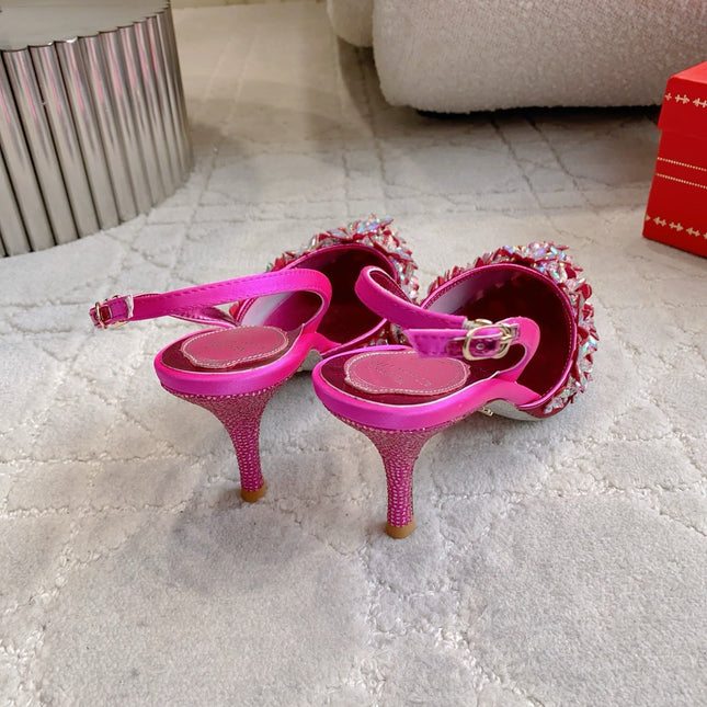 RENE CAOVILLA 26S HEELED SLINGBACKS 65 MM IN DARK PINK CRYSTAL FLOWERS