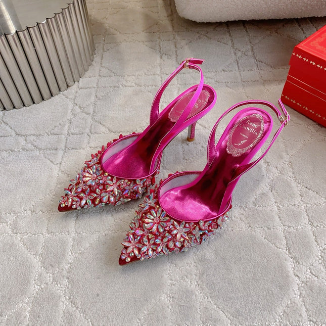 RENE CAOVILLA 26S HEELED SLINGBACKS 65 MM IN DARK PINK CRYSTAL FLOWERS