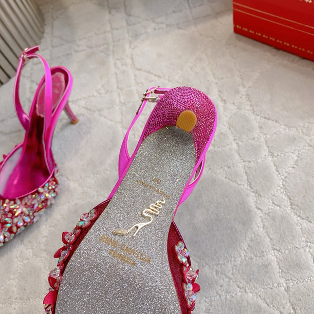 RENE CAOVILLA 26S HEELED SLINGBACKS 65 MM IN DARK PINK CRYSTAL FLOWERS