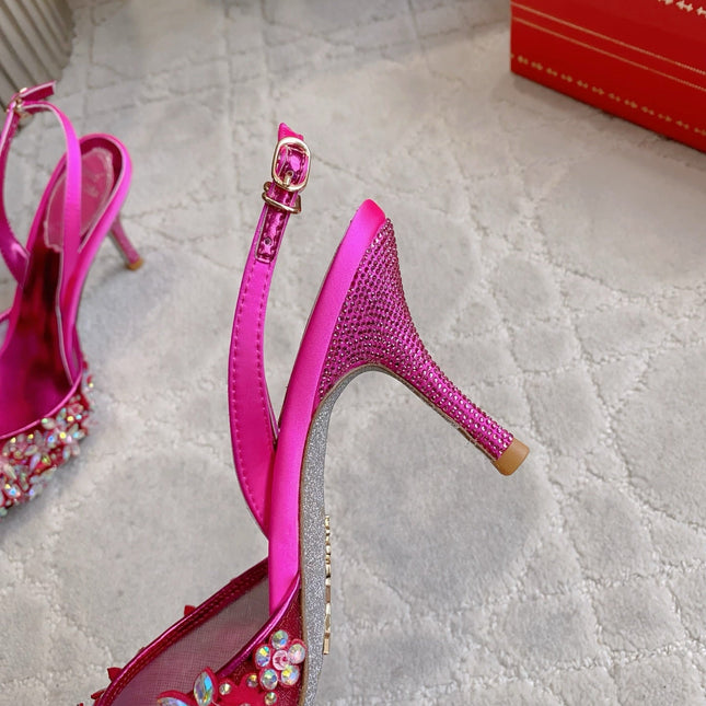 RENE CAOVILLA 26S HEELED SLINGBACKS 65 MM IN DARK PINK CRYSTAL FLOWERS