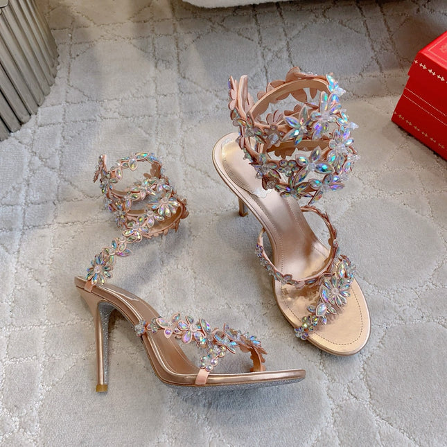 RENE CAOVILLA 26S HEEL SANDALS 95 MM IN ROSE GOLD LAMBSKIN CRYSTAL FLOWER EMBELLISHMENTS