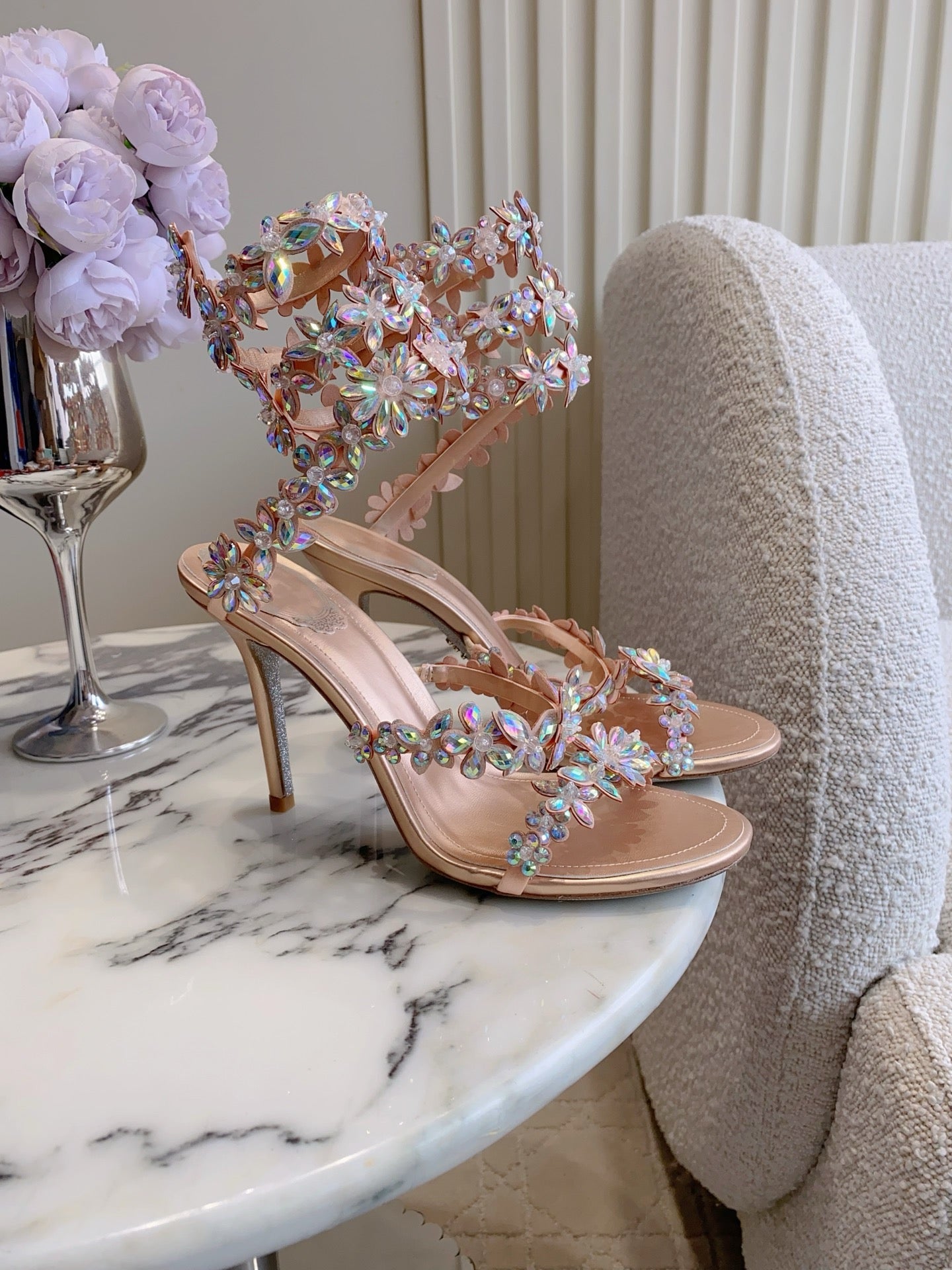 RENE CAOVILLA 26S HEEL SANDALS 95 MM IN ROSE GOLD LAMBSKIN CRYSTAL FLOWER EMBELLISHMENTS