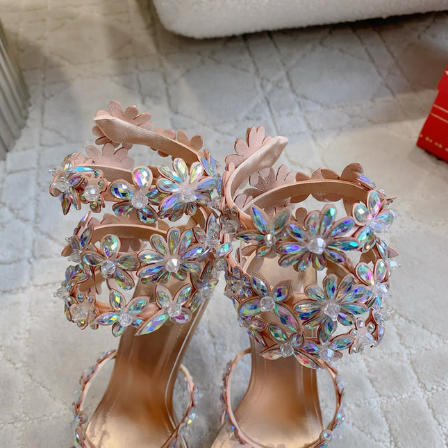 RENE CAOVILLA 26S HEEL SANDALS 95 MM IN ROSE GOLD LAMBSKIN CRYSTAL FLOWER EMBELLISHMENTS