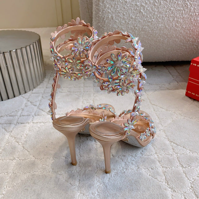 RENE CAOVILLA 26S HEEL SANDALS 95 MM IN ROSE GOLD LAMBSKIN CRYSTAL FLOWER EMBELLISHMENTS