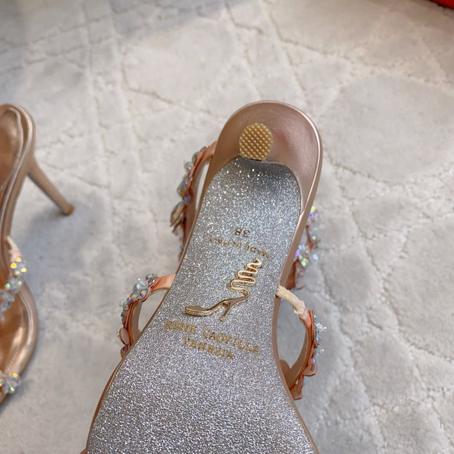 RENE CAOVILLA 26S HEEL SANDALS 95 MM IN ROSE GOLD LAMBSKIN CRYSTAL FLOWER EMBELLISHMENTS