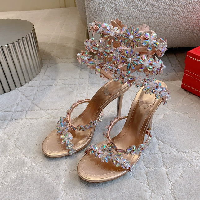 RENE CAOVILLA 26S HEEL SANDALS 95 MM IN ROSE GOLD LAMBSKIN CRYSTAL FLOWER EMBELLISHMENTS