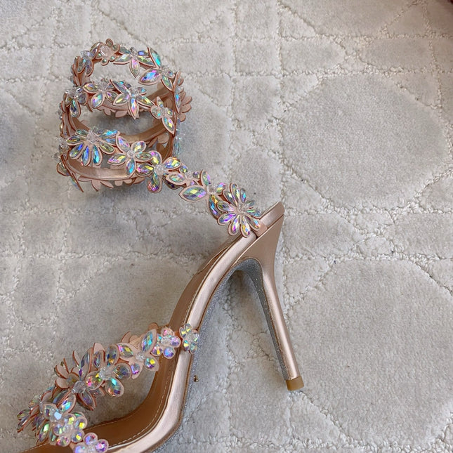 RENE CAOVILLA 26S HEEL SANDALS 95 MM IN ROSE GOLD LAMBSKIN CRYSTAL FLOWER EMBELLISHMENTS