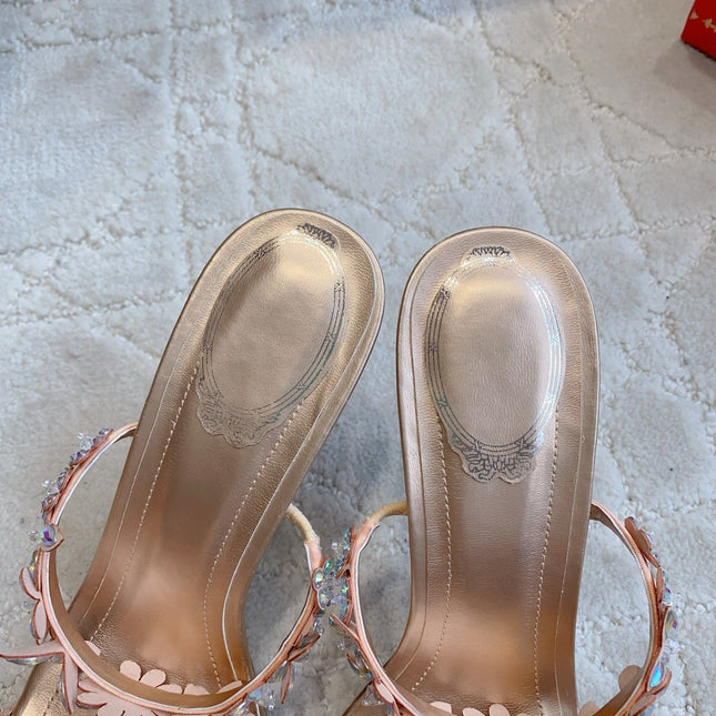 RENE CAOVILLA 26S HEEL SANDALS 65 MM IN ROSE GOLD LAMBSKIN CRYSTAL FLOWER EMBELLISHMENTS
