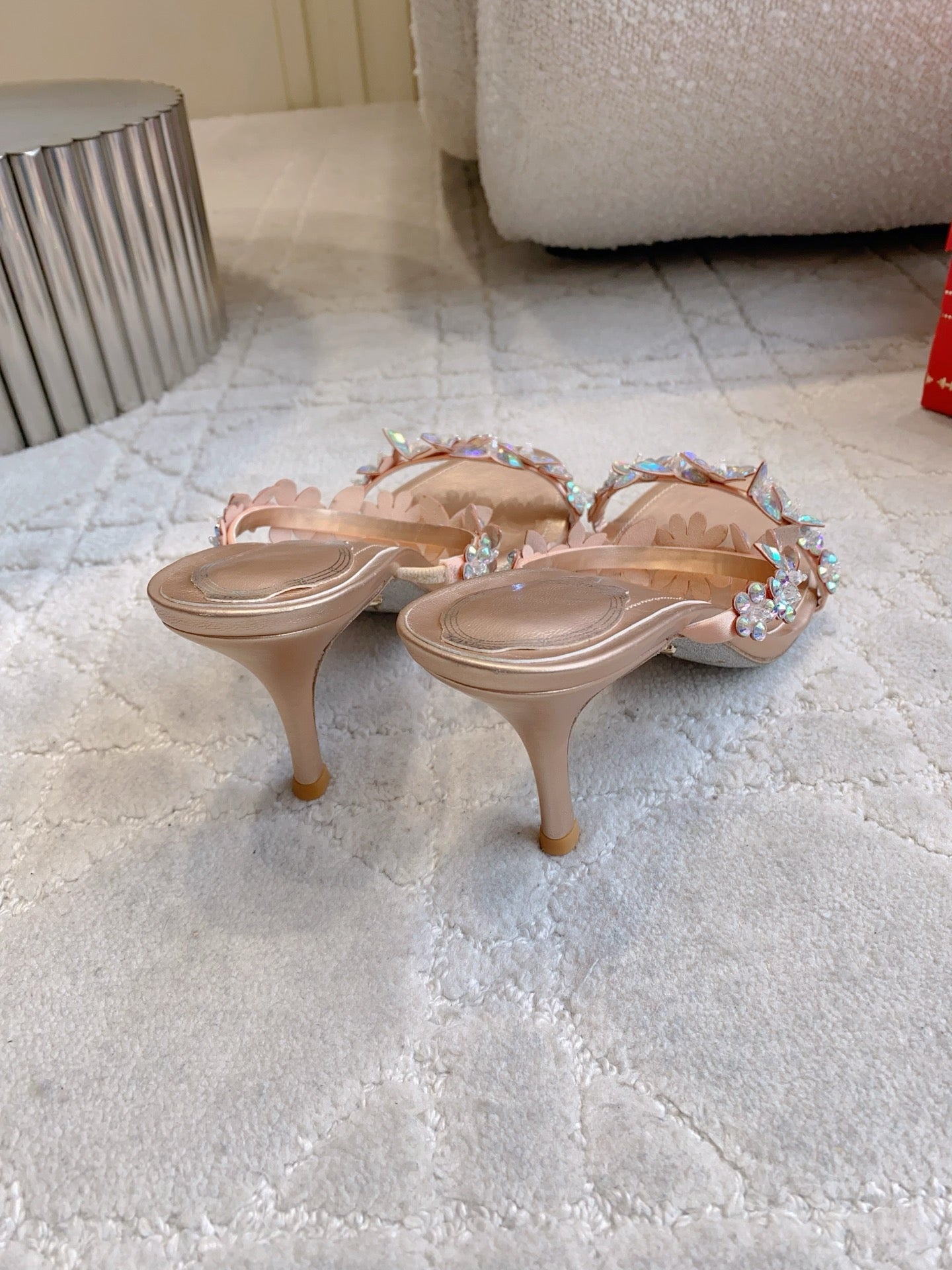 RENE CAOVILLA 26S HEEL SANDALS 65 MM IN ROSE GOLD LAMBSKIN CRYSTAL FLOWER EMBELLISHMENTS