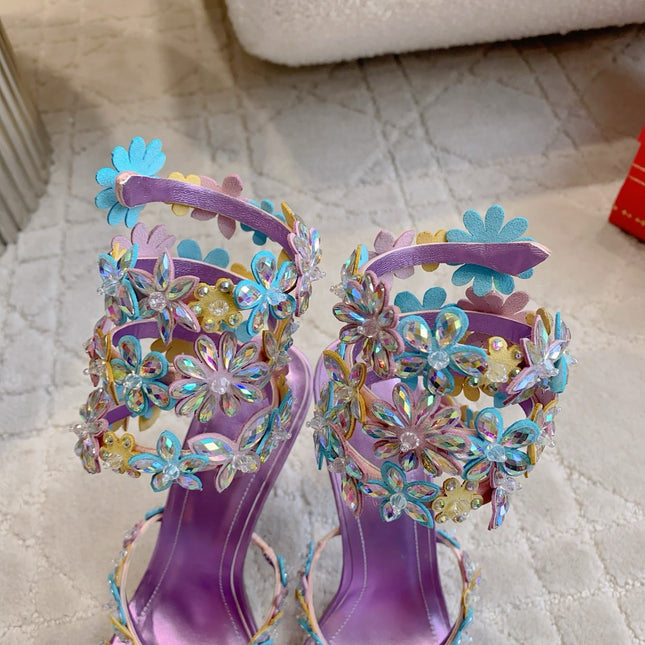 RENE CAOVILLA 26S HEEL SANDALS 95 MM IN METALLIC PURPLE LAMBSKIN CRYSTAL FLOWER EMBELLISHMENTS