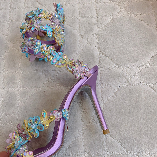 RENE CAOVILLA 26S HEEL SANDALS 95 MM IN METALLIC PURPLE LAMBSKIN CRYSTAL FLOWER EMBELLISHMENTS