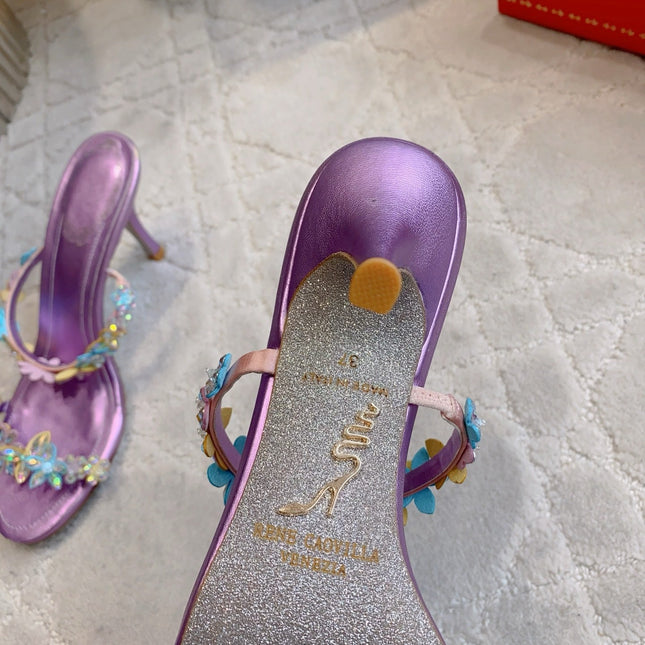 RENE CAOVILLA 26S HEEL SANDALS 65 MM IN METALLIC PURPLE LAMBSKIN CRYSTAL FLOWER EMBELLISHMENTS