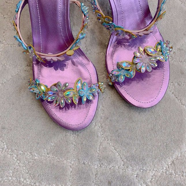 RENE CAOVILLA 26S HEEL SANDALS 65 MM IN METALLIC PURPLE LAMBSKIN CRYSTAL FLOWER EMBELLISHMENTS