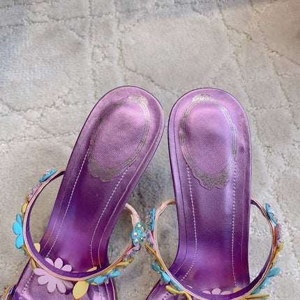 RENE CAOVILLA 26S HEEL SANDALS 65 MM IN METALLIC PURPLE LAMBSKIN CRYSTAL FLOWER EMBELLISHMENTS