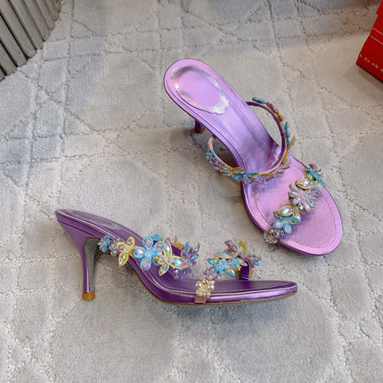 RENE CAOVILLA 26S HEEL SANDALS 65 MM IN METALLIC PURPLE LAMBSKIN CRYSTAL FLOWER EMBELLISHMENTS