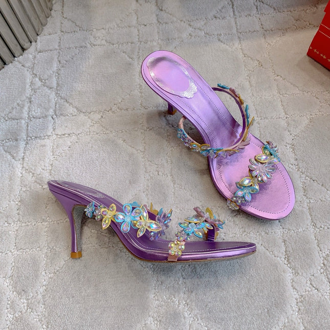 RENE CAOVILLA 26S HEEL SANDALS 65 MM IN METALLIC PURPLE LAMBSKIN CRYSTAL FLOWER EMBELLISHMENTS