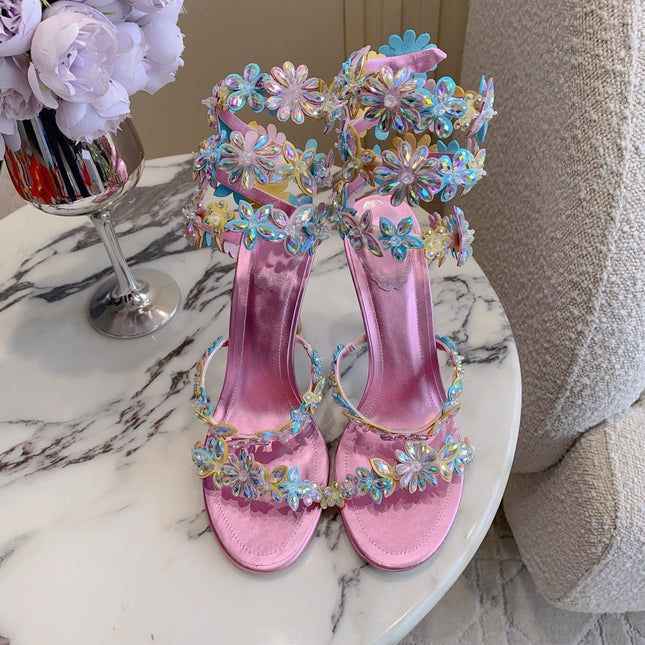 RENE CAOVILLA 26S HEEL SANDALS 95 MM IN METALLIC PINK LAMBSKIN CRYSTAL FLOWER EMBELLISHMENTS
